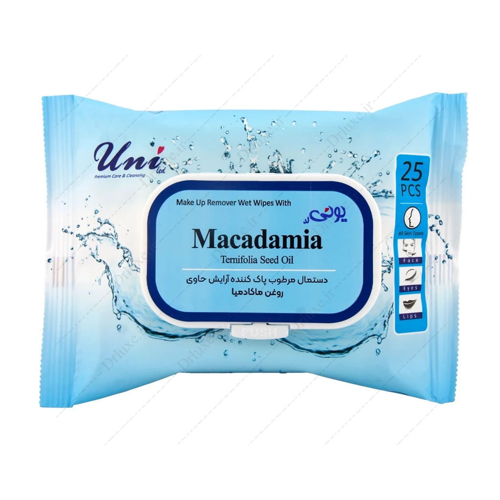 دستمال مرطوب پاک‌کننده آرایش یونی‌ لد حاوی روغن ماکادمیا 25 عدد